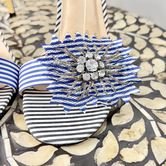 Mix No. 6 Lole Black Blue and White Stripe Heels w Flower Rhinestone Sandals 8.5 - Picture 3 of 10